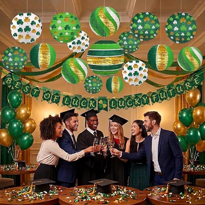 ADLKGG St Patricks Day Decorations Paper Lanterns, 8" Round Hanging Green Clover Lanterns for Irish Party Saint Patricks Day, Easy to Hang Festive Indoor Outdoor Party Supplies, Classroom Decor, 12pcs