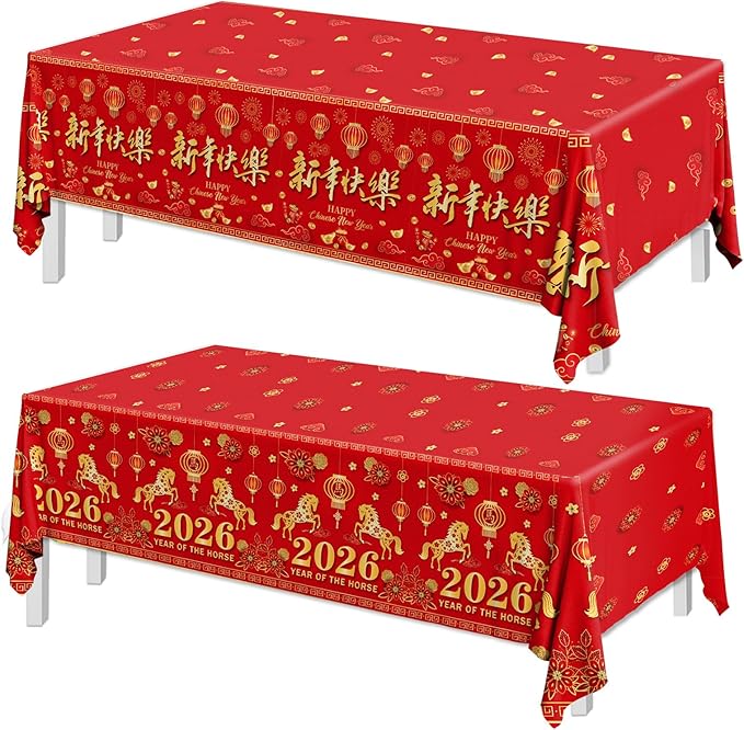 Chinese New Year Table Cloth,2pcs Lunar New Year Tablecloth Red and Gold Horse Rectangle Happy New Years Tablecloth for 2026 Spring Festival Decorations