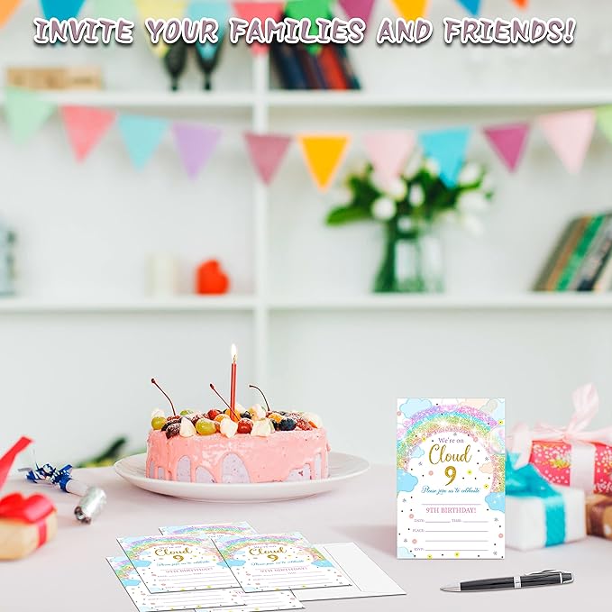 9th Birthday Invitations Cards, 4"x 6" Rainbow Clouds Birthday Party Invites with Envelopes for Party Decorations Supplies(20 Pieces) -D04