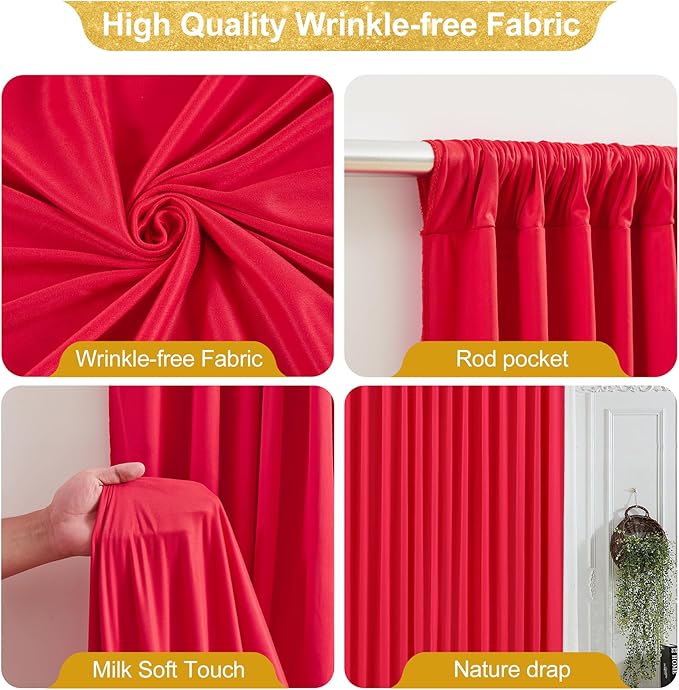 8x10FT Red Backdrop Curtains for Wedding Parties, Wrinkle Free Polyester Photography Backdrop Drapes for Birthday Baby Shower New Year Valentines Stage Background Stand Decorations 4x10ft,2 Panels