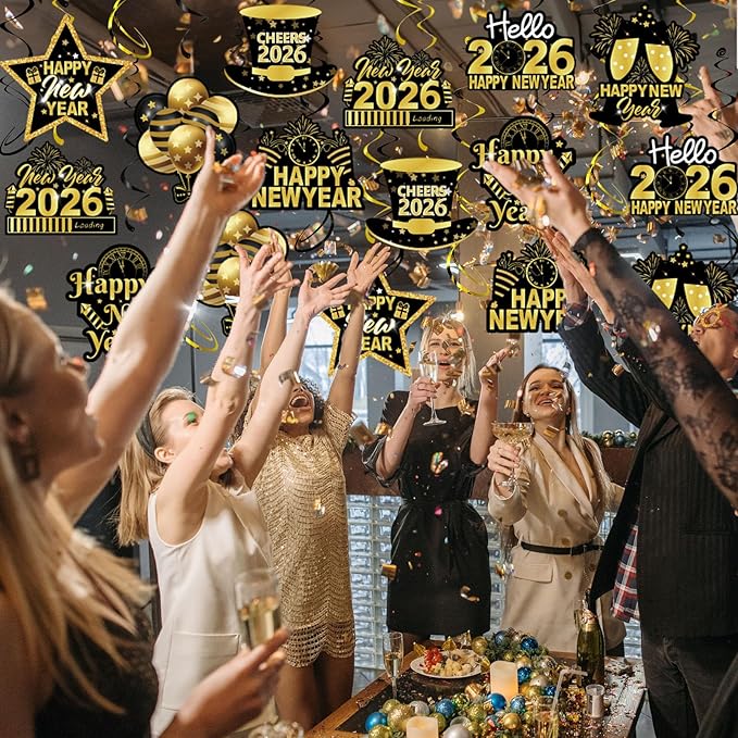 2026 Happy New Year Hanging Swirls, 40Pcs Black and Gold New Years Eve Party Ceiling Swirls Streamer for 2026 New Years Hanging Decorations
