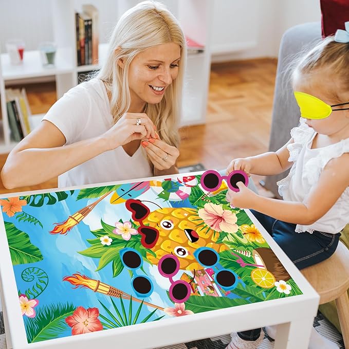 Hooqict Luau Party Game for Kids Pin the Sunglasses on the Pineapple for Summer Tropical Tiki Luau Party Supplies Decorations, Large Hawaiian Pin The Tail Game Poster with 27 Pineapple Stickers