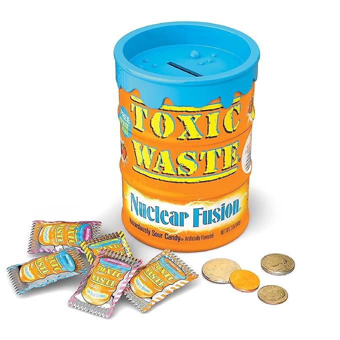 TOXIC WASTE - Nuclear Fusion Hazardously Sour Candy - Raspberry-Lemon, Pineapple-Passionfruit, Grape-Strawberry, Banana-Blueberry, & Orange-Apple Flavors - 3 oz. Coin Bank