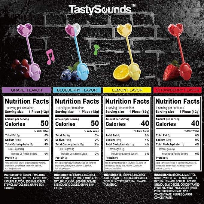 AMOS Music Lollipop Candy Suckers – TastySounds Audio Hip Hop Singing Lollipop, Assorted Fruit Flavors, Sugar-Free, Low-Calorie Snack, 4-Pack Gift Box