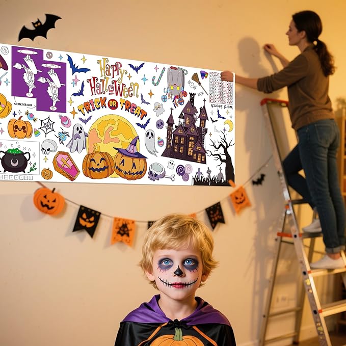 Halloween Giant Coloring Poster 30x72 Inch Drawing Paper Coloring Tablecloth DIY Art Crafts Mat,for Kids Halloween Decorations Large Coloring Activity Poster Home Classroom Wall Party Suppiles