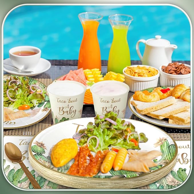 350 Pcs Taco' Bout A Baby Party Decorations Cactus Taco Pampas Grass Baby Shower Party Tableware Set Disposable Plates Cups Napkins Cutlery for Birthday Baby Shower Wizard Party, Serve 50