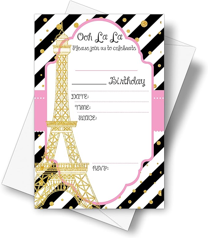 DETIHO 4" x 6" Paris Theme Birthday Party Invitation Cards With Envelopes - Fill In Style Party Invitation - 20 Sets - E21