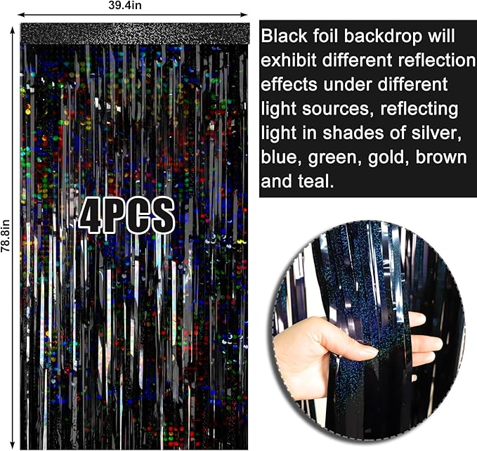 4 Packs Black Foil Fringe Curtain, Glitter Metallic Tinsel Backdrop for Birthday, Wedding, Bridal Shower, Halloween, Gold and Black Party Decorations Supplies