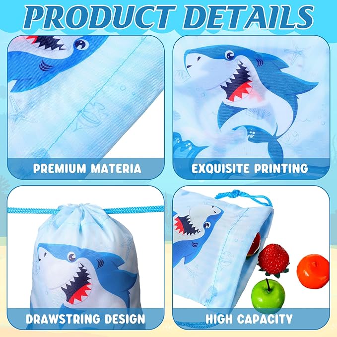 Capoda 24 Pcs Shark Party Drawstring Bags Summer Party Favors 7.09 x 5.12 Inches Shark Themed Birthday Decoration Ocean Animals Drawstring Bags Bulk for Candy Snack Treat Wrapping Summer Pool Supplies