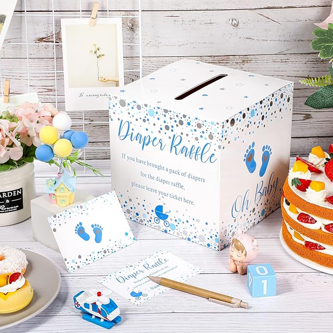 Funrous 51 Diaper Raffle Tickets with Box for Baby Shower Game Invitations Diaper Raffle Card for Gender Reveal Baby Shower Party Decoration Table Centerpiece(Blue Silver)