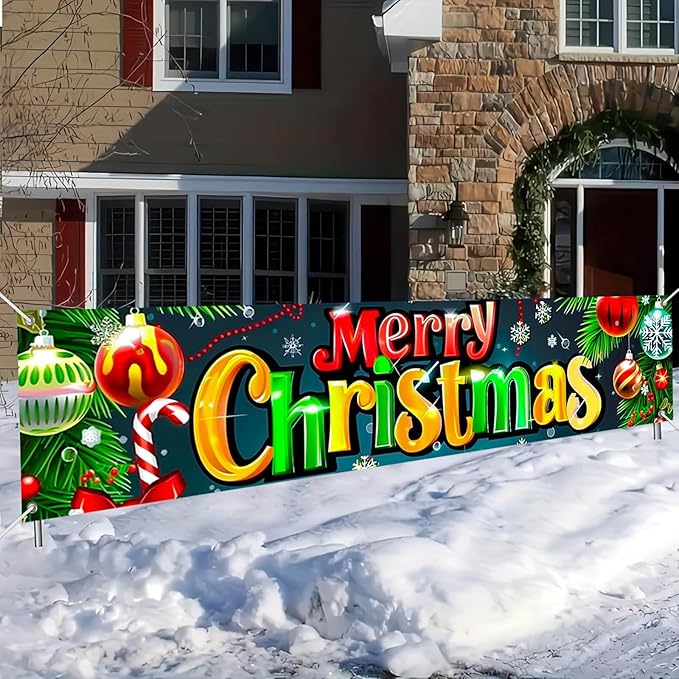 Merry Christmas Fence Banner with Ornaments and Candy Cane Decor 78 x 17 Inch Outdoor Holiday Yard Lawn Decoration Home Front Door Christmas Decoration