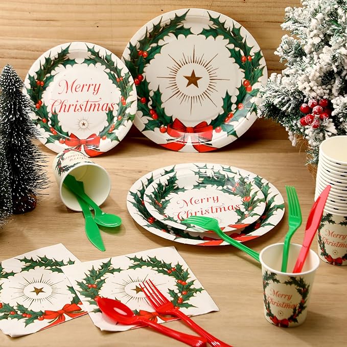 350 Pcs Merry Christmas Paper Plates and Napkins Set for 50 Guests Disposable Dinner Tableware Dinnerware Party Supplies Includes 100 Paper Plates 50 Cups Napkins Set Knives Forks Spoons