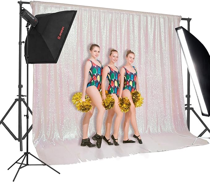 PartyDelight Iridescent White Sequin Backdrop 20x10ft - Extra Wide High Density 3mm Sequin Background with 4-Inch Rod Pocket, Sparkly Panoramic Stage Curtain for Large Gala & Corporate Events