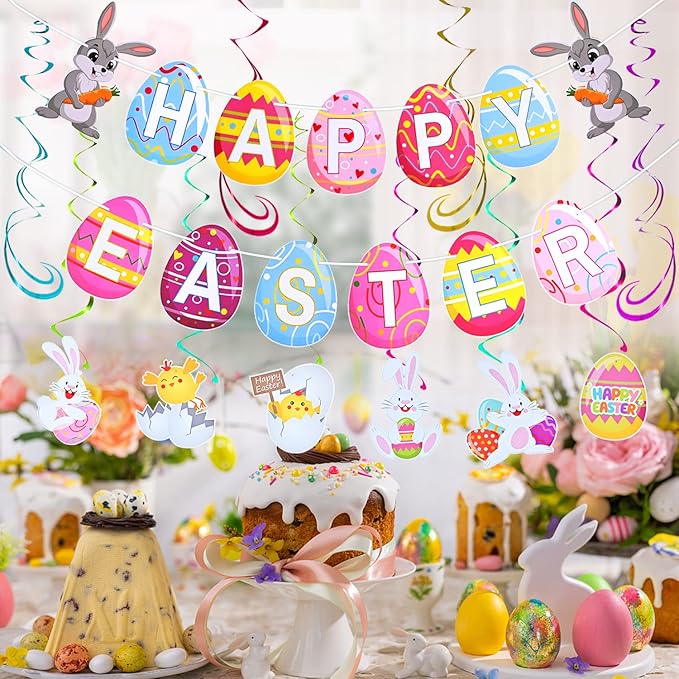 AhfuLife Happy Easter Banner Decorations, 8 Pcs Bunny Egg Chick Hanging Swirl with 12 Pcs Balloons, Larger Easter Banner Sign for Home Office School Decor, Egg Hunt Party Supplies
