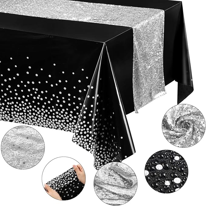 Irenare Tablecloth and Sequin Table Runner Set Polka Dots Confetti Table Cover Dining Plastic Tablecloths Glitter Decorations for Birthday Wedding Anniversary Party Supplies(Black, Silver,2 Pcs)