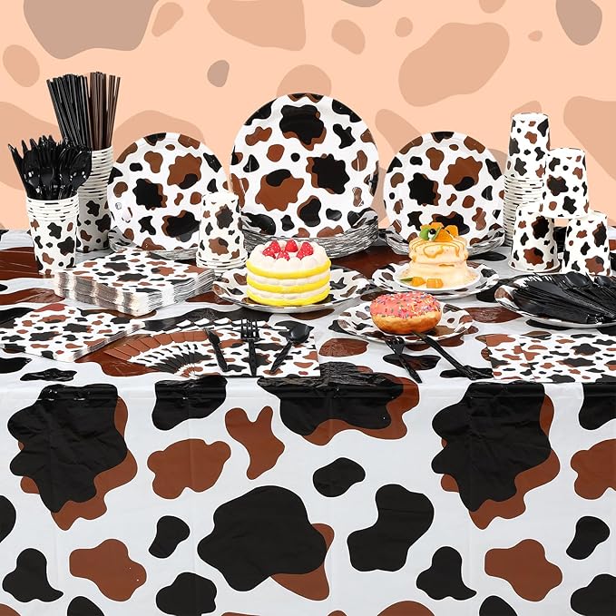 452 Pcs Cow Print Party Decorations Supplies Include Brown Cow Print Paper Plates Napkins Cups Tablecloth Cutlery Straws for Western Rodeo Birthday Baby Shower Animal Farm Party Decorations