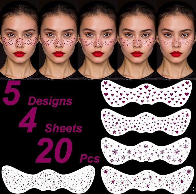 20PCS Glitter Freckles Face Tattoo, 4 Sheets/5 Styles Face Glitter Freckles for Festival & Rave, Waterproof Temporary Face Glitter Freckle Tattoo for Halloween Christmas (Rose,Gold,Sliver,Bronze)