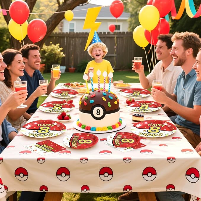 Grencian 96Pcs Happy 8th Birthday Party Supplies Cartoon Anime Themed Paper Plates and Napkins Tableware Sets Disposable Red and White Decoration for 8 Year Old Birthday Kids Children Party Serves 24