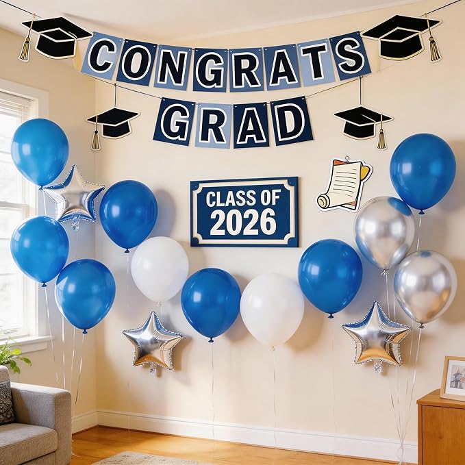 Royal Blue and Silver Balloons for Graduation Party Decorations, 12In Dark Navy Blue and White Balloons with Metallic Silver Star Balloon for Graduation Father's Day Birthday Baby Shower Party Decor
