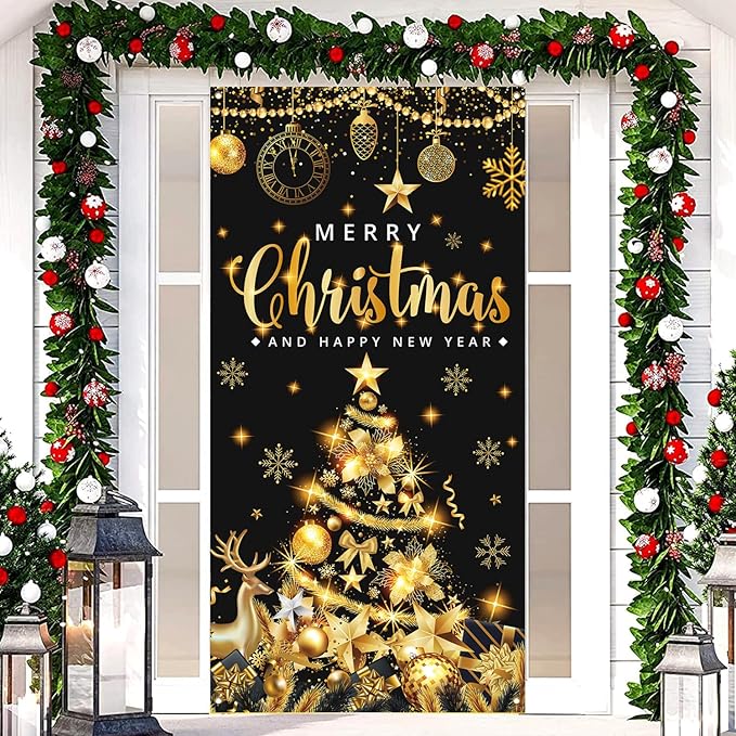 Large Size Merry Christmas & Happy New Year Party Banner, Black Gold, 71x35 Inches