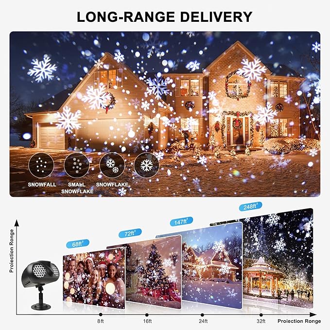Christmas Projector Lights Outdoor, Dual Head Dynamic Snowflake Projector with RF Remote & Timer, IP65 Waterproof 360° Rotating LED Snow Projection for Garden, Patio, Wall, Indoor/Outdoor Decoration