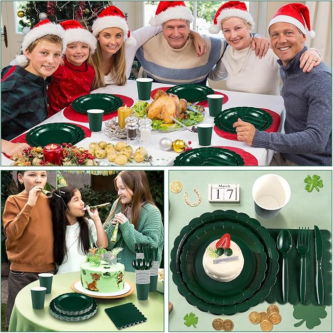 Dark Green Plates and Napkins, 25 Guest Green Party Supplies Include Christmas Plates Napkins Cups Plastic Spoons Forks Knives for Thanksgiving, Christmas, Birthday