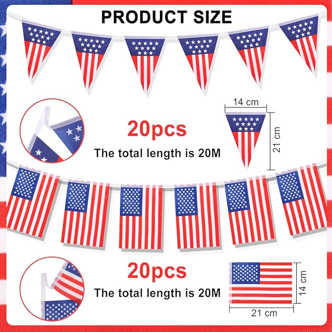 HOWAF 4th of July Decorations, American Flag Banner Patriotic Bunting USA Garland and 20 Small American Flags On Stick for July 4th Decor Fourth of July Independence Memorial Day Party Supplies
