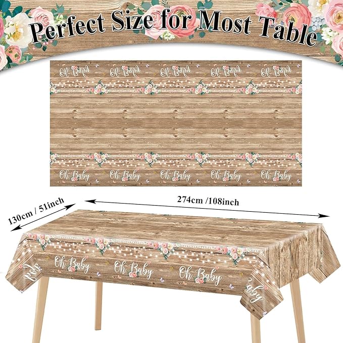 Tevxj 3 Pieces Wood Baby Shower Tablecloth Oh Baby Lace Rustic Floral Party Plastic Table Covers for Girl and Boy Floral Theme Party Decorations Supplies 54X108inch