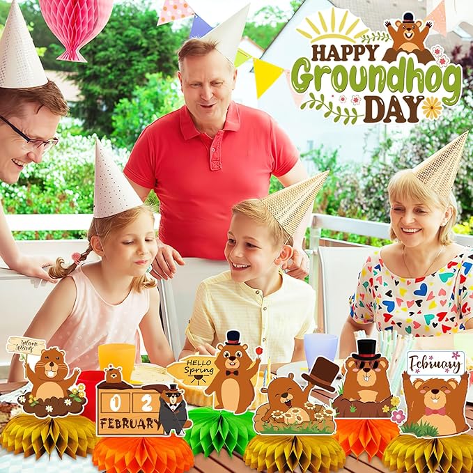 JULMELON 8PCS Groundhog Day Party Decorations Honeycomb Centerpieces, Happy Groundhog Day Party Centerpieces for Tables Groundhog Day Party Decor Supplies for Weather Forecast Spring February