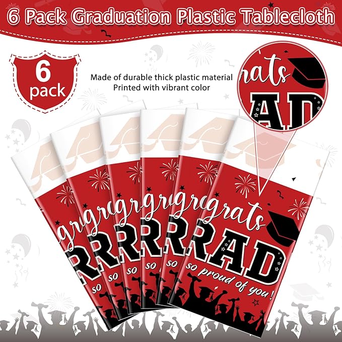 6 Pack Graduation Tablecloth Party Decorations, Class of 2026 Congrats Grad Plastic Tablecover Party Supplies, Red Rectangle Graduation Table Decorations for College High School Party, 54 x 108 Inch