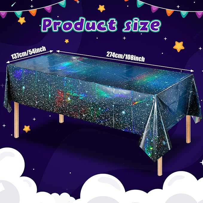 6Pcs Iridescent Space Tablecloths, Disposable Plastic Blue Galaxy Table Cloth Rectangle Table Covers for Space Starry Night Star Theme Party Birthday Party Decorations, 54x108 Inch