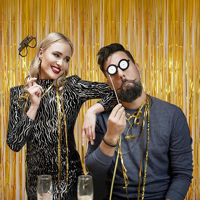 Gold Tinsel Backdrop Curtains, Melsan 3.2 x 8 ft Gold Foil Fringe Curtain Streamers for Birthday, Anniversary, Graduation & Photo Booth, Pack of 2
