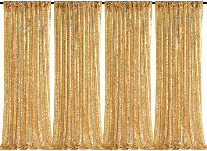 B-COOL Sequin Backdrop Gold Curtains 4 Panels 2ftx8ft Glitter Shimmer Fabric Sparkly Drapes for Background Wedding Banquet Party Decorations