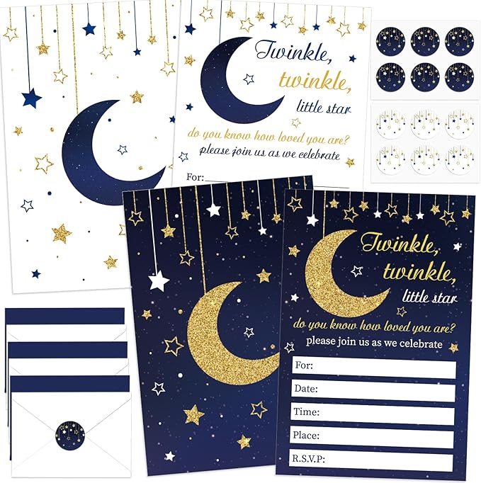 Qyeahkj 36pcs Stars Invitations Twinkle Little Star Baby Shower Invitation Cards with Envelopes Moon and Star Baby Shower Decorations Blue Gold Foil Baby Shower Party Invites for Baby Gender Supplies