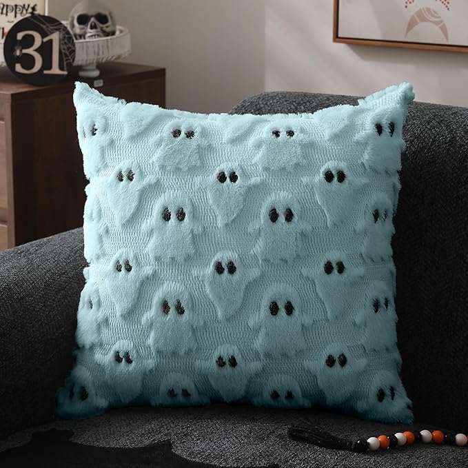 DFXSZ Halloween Pillow Covers 20x20 inch Set of 2 Blue Ghost Throw Pillow Cases Soft Plush Faux Fur Wool Couch Cushion Case for Chair Sofa Bedroom Living Room Home Decor PTK03G20