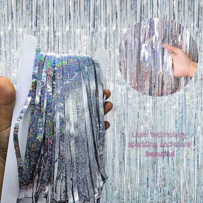 3 Pack Foil Curtain Backdrop 3.3x6.6 ft Tinsel Fringe Curtains for Parties Metallic Streamers Photo Booth Props,Wedding & Birthday,Holiday Decorations Disco,Bachelorette,Door Hanging Decor (Silver)