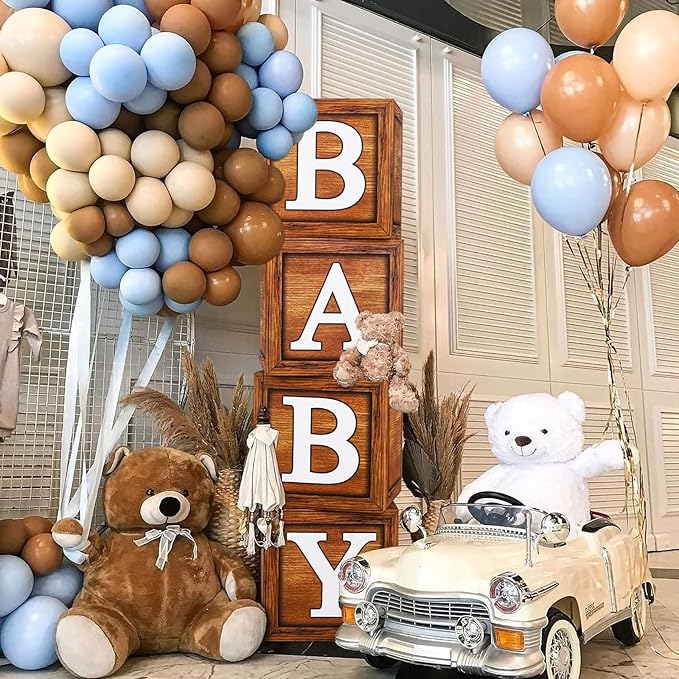 Baby Shower Boxes Party Decorations - 4 Wood Grain Brown Blocks with Baby Letter, Printed Letters,First Birthday Centerpiece Decor, Teddy Bear Baby Shower Supplies, Gender Reveal Backdrop