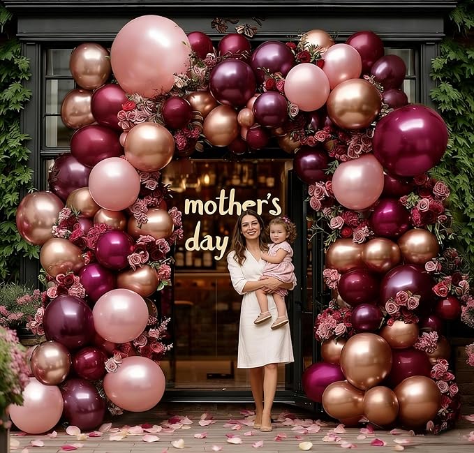 Burgundy Pink Balloon Arch Double Stuffed Dark Ruby Red Pink Plum Gold Balloon Garland Kit Maroon Balloons for Wedding Bridal Shower Birthday Mother's Day Engagement Anniversary Party Decor