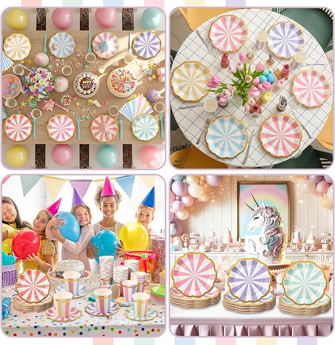 Yungyan 108 Pcs 36 Guest Pastel Party Plates and Napkins Gold Foil Scalloped Edge 6" Paper Dessert Plates and Striped Pastel 9 oz Cup Disposable Tableware Set for Birthday Wedding Baby Shower Supplies