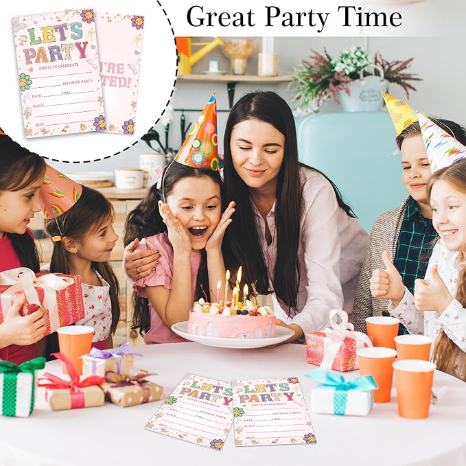 Let's Party Birthday Invitations, Floral Pink Party Invites for Girls, 4 x 6 inch, 20 Pcs Double-Sided Fill In Invitations with Envelopes