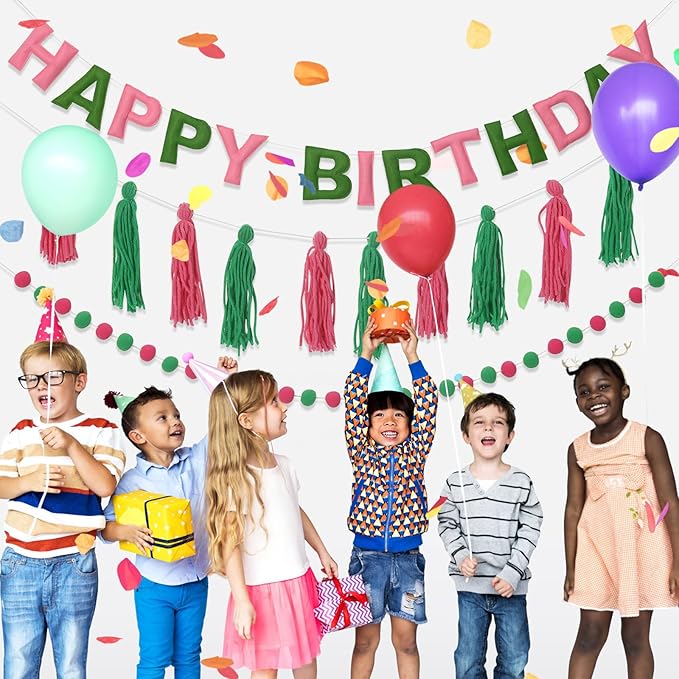 Pre-Strung Happy Birthday Banner Pink and Green Party Decorations Felt Ball Garland Sign for Witch Theme Birthday Party Décor