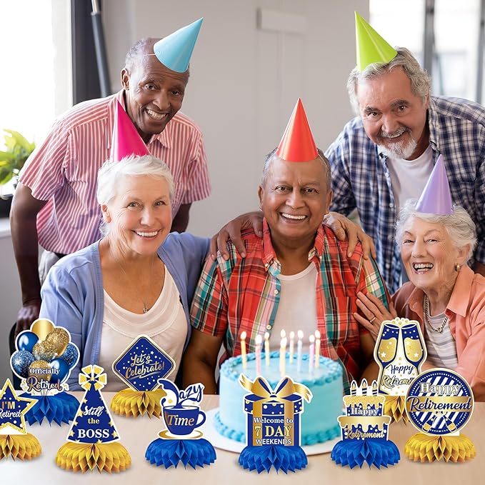 10 Pcs Retirement Party Decorations, Blue Gold Retirement Table Honeycomb Centerpieces Happy Retirement Table Topper for Men Women Happy Retirement Decorations for Party Supplies