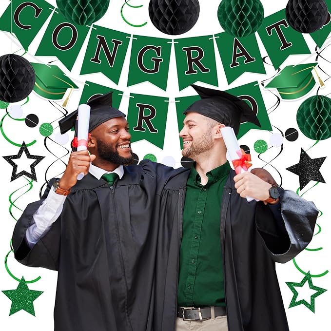 Green and Black Congrats Grad Banner 2026 Graduation Decorations with Hanging Swirl Honeycomb Ball Circle Garland Grad Party Favor Supplies for College Senior High School Classroom Decor