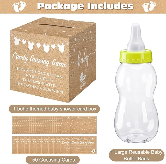 Glenmal 52 Pcs Baby Shower Games Gift Sets Large Baby Bottle for Shower Game Guess How Many Candies Decorations for Gender Reveal(Kraft)