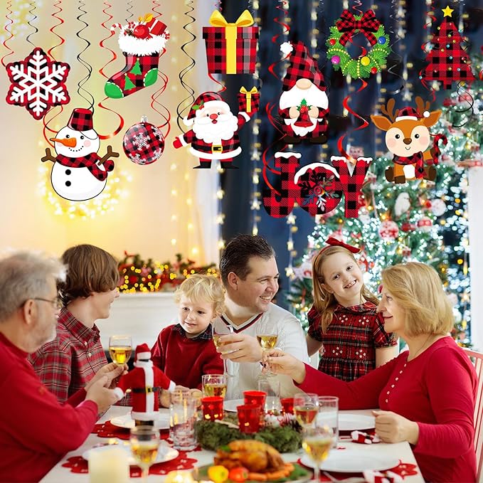 Sumind 30 Pcs Christmas Swirl Ceiling Hanging Decorations Set Xmas Holiday Snowman Elk Sign Hanging Foil Christmas Indoor Decorations for Ceiling Xmas Holiday Party Decor(Red, Black)
