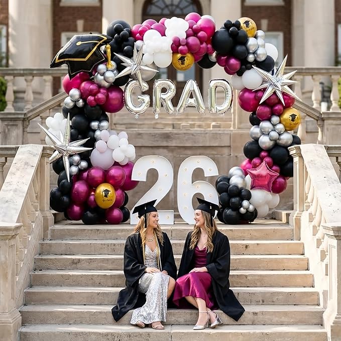 Maroon Black white Silver Graduation Balloon Garland Arch Kit with Graduation Star print Certificate Letter Mylar Foil Balloons for Graduate Class of 2026 Grad Prom party Decorations Supplies