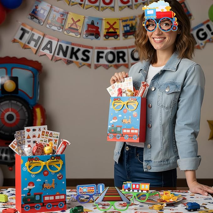 Pajean 32 Pcs Train Party Decoration Train Themed Paper Eyeglasses Photo Booth Props Transportation Party Supplies Paper Glasses Frame for Traffic Birthday Christmas Gift Decor Prizes