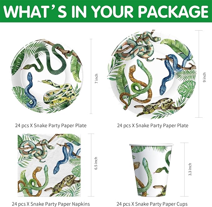 Snake Party Decorations - Reptile Theme Snake Birthday Party Supplies, Paper Plate, Cup, Napkin, Cutlery, Tablecloth, Jungle Swamp Camping Wilderness Snake Theme Party Tableware | Serve 24