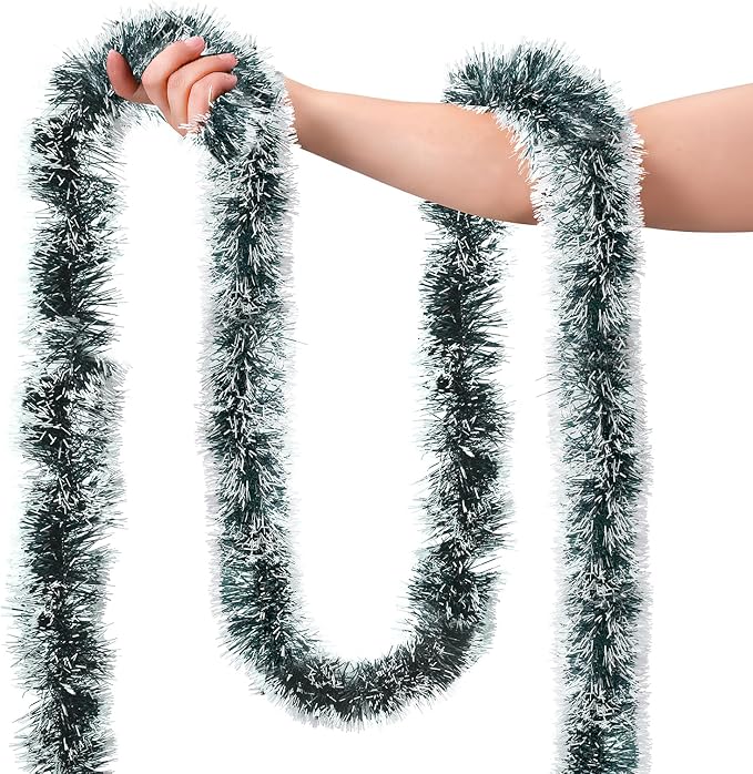 39.5 Ft Christmas Tinsel Garland, Reusable Holiday Metallic Christmas Tree Garland Decoration for Xmas, Wedding, Birthday, Home Party Decor (Green and White)