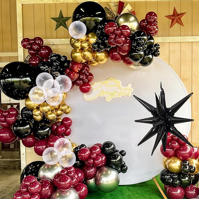 Black Burgundy Gold Balloon Arch Kit, Maroon Black Gold Balloons Garland, Clear White Red Metallic Balloons with Stars Balloon for Birthday Retirement Graduation Celebrations Class of 2025 Party Decor
